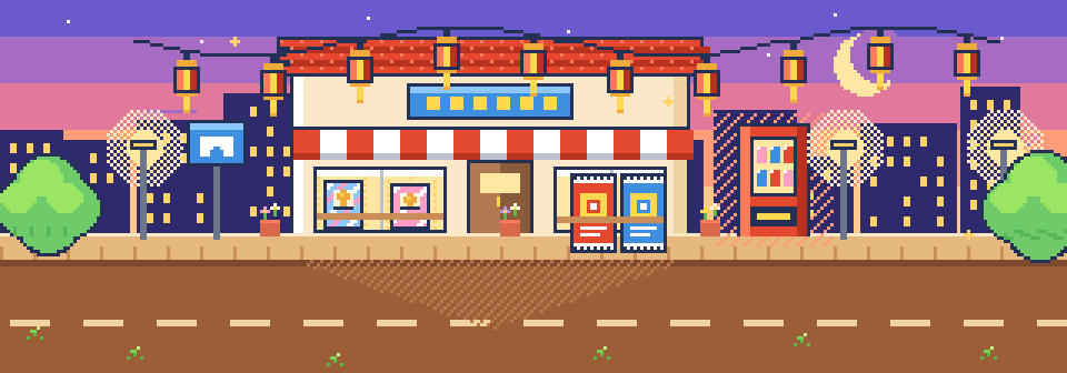 Pixel art of a Chinese street at dusk with a glowing card shop, paper lanterns and a vending machine