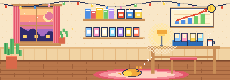 Pixel art of a cozy collector room at dusk with a card binder, booster boxes, string lights, a sleeping cat and a framed chart of prices going up